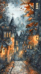 Obraz premium A watercolor illustration of an autumn evening in a charming village with colorful leaves and cozy houses. Concept of autumn scenery, village life, seasonal change, and picturesque landscape. Vertical