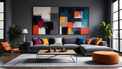 A modern living room with a couch and a big painting..