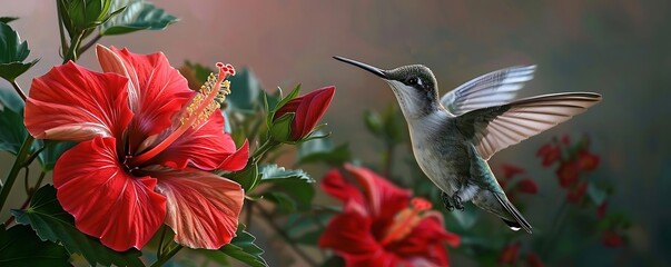 Naklejka premium A vibrant hummingbird hovering near a bright hibiscus flower, showcasing nature's beauty in a stunning, colorful scene.