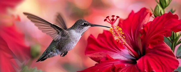 A vibrant hummingbird sipping nectar from a bright red hibiscus flower, showcasing nature's beauty and energy in close-up.