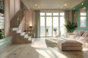 Obraz premium Bright and airy living room with green accents, large windows, and modern furniture, creating a stylish and inviting space