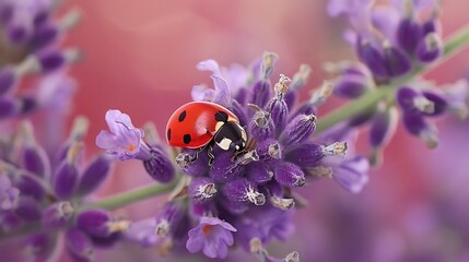 Fototapeta premium A vibrant red ladybug perched on a delicate purple lavender flower, showcasing nature's beauty and intricate details.