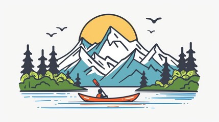 A cute cartoon Style ofA tranquil scene of a sailboat on a calm lake at dawn, with mist and a pastel sky