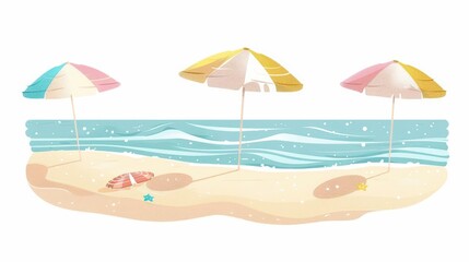 A cute cartoon Style ofA tranquil beach with soft waves, a sandy shoreline, and colorful beach umbrellas