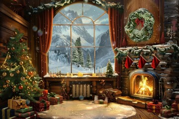 Fototapeta premium Christmas interior in a cozy atmosphere with a fireplace, a christmas tree and a snowy mountains landscape seen through the window