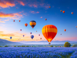 Obraz premium Hot air balloons flying over a field of lavender at sunrise.