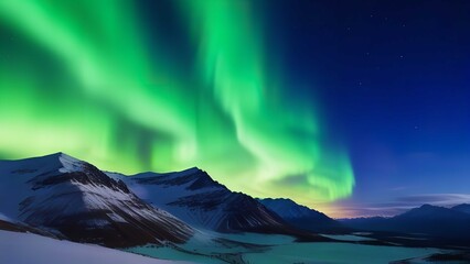 panorama with northern lights in night starry sky with stars over lake and mountains.