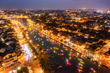 Aerial drone view of Hoi An city, Vietnam. Ancient town, UNESCO world heritage, at Quang Nam province.