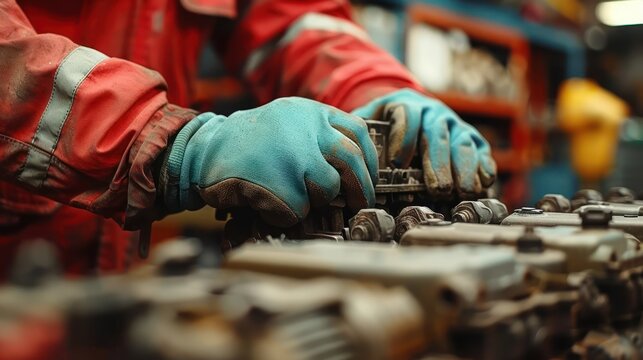 Expert Auto Mechanic Working on Motor Repair at the Shop, Engine, Parts, Tools, Maintenance, Service - Powered by Adobe