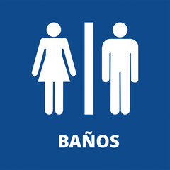 Cartel de cuarto de baño de hombre y mujer en color blanco y azul. Vista de frente y de cerca. Copy space