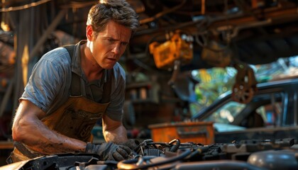 Expert Mechanic Working on Engine Repair in a Busy Garage, Automotive Specialist, Motor Repair, Mechanic Shop, Auto Repair, Engine Maintenance, Car Service, Automotive Expertise, Car Mechanic