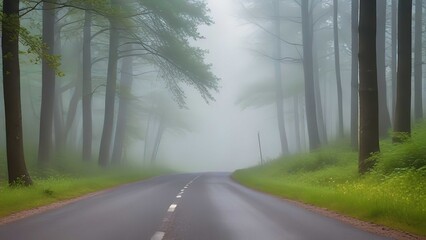 Foggy forest road in early spring with melting snow 
