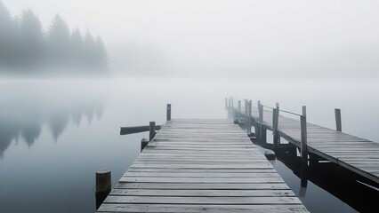 Jetty on foggy lake.