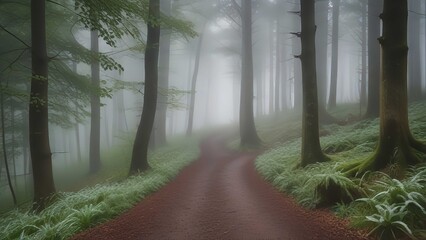 Path in a wood covered with mist in a forest