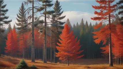Pine trees on a fall landscape in autumn