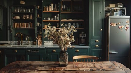 Rustic Kitchen Interior with Dried Flowers and a Vintage Feel