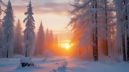 Sunset in the wood between the trees strains in winter period