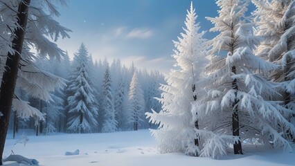 Splendid Alpine scenery in winter. Fantastic frosty morning in forest. snow-cowered pine trees under warm sunlight.