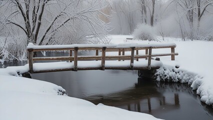 Snow-covered wooden bridge over a small river

