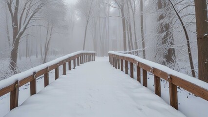 Snowy wooden bridge in a winter day
