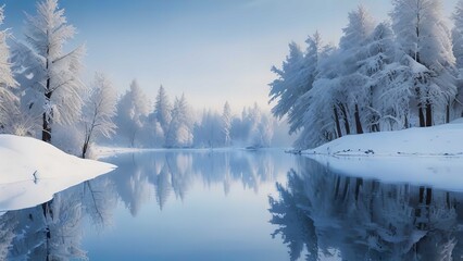 Winter landscape, frozen lake. Snowy forest in pastel blue colors