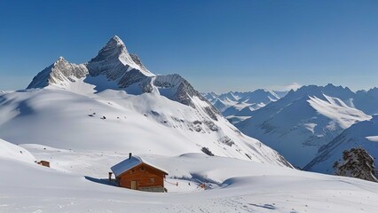 Beautiful winter mountain landscape with traditional mountain hut in the forest on highland and Majestic snowcovered mountain peak on background