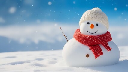 Snowman dressed in hat and scarf, portrait
