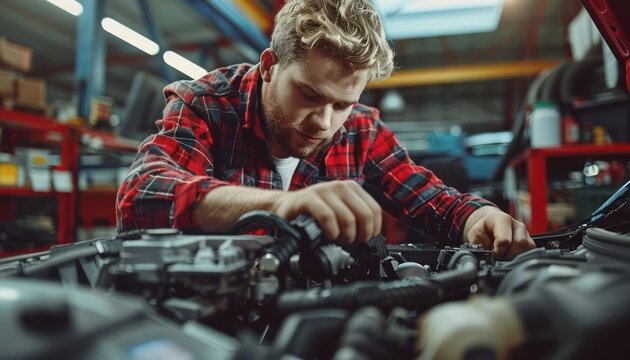 Skilled Automotive Technician Using Diagnostic Tools at a Modern Service Center to Troubleshoot a Vehicle Issue Expert Mechanic Performing Vehicle Maintenance and Repair Services in a Well-Equipped