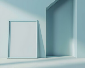 Sleek modern frame on pastel blue wall, 3D render focusing on minimalistic design and soft background