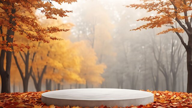 Round white platform with autumn leaves in a sunlit forest. Fall season concept with natural blurred background and vibrant colors. Nature scene for product presentation and advertising. Copy space