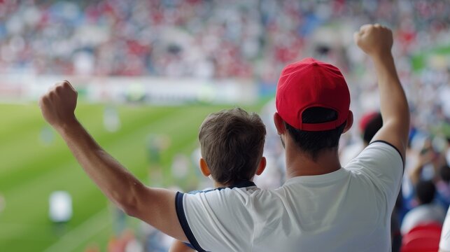 Back view of father and son celebrating together at a sports stadium, capturing excitement and bonding over a shared passion.