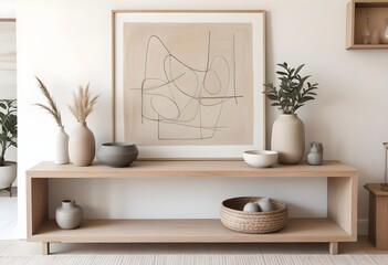 Wall painting with decoration - vases plants on a table.