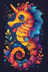Colorful Sea Horse with Unicorn Horn in a Magical World