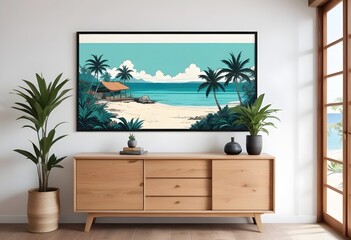 Modern living room - decoration poster with vases and plant on a buffet