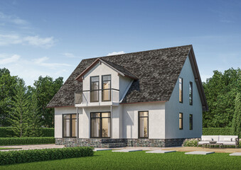 American house style exterior daylight with lawn grass.3d rendering