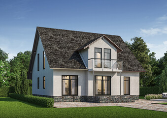 Obraz premium American house style exterior daylight with lawn grass.3d rendering