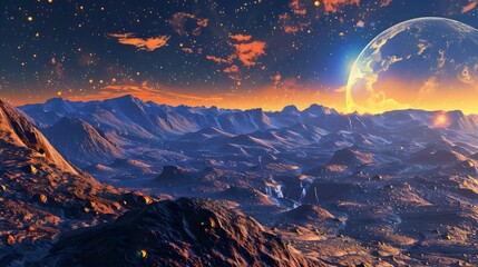 Vivid Celestial Landscape with Glowing Atmosphere and Craters