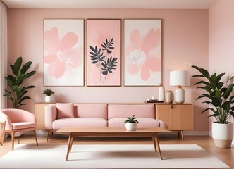 Stylish living room with a couch and a big painting decorated..