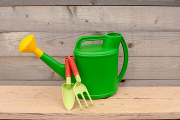 Green garden tools and watering can stand on wooden background