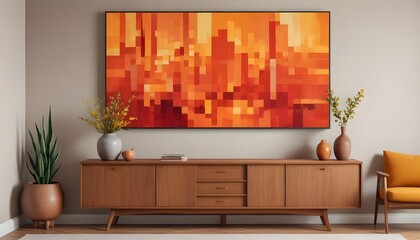 Modern living room - decoration painting with vases, lighting,  and plants. Tv furniture included.