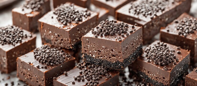 Group square-shaped chocolate fudge pieces is dark brown Decaden
