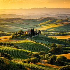 Naklejka premium a vast hilly area used for vineyards and farmhouses at sunset
