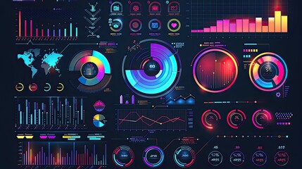 Obraz premium Modern business infographic with colorful icons and diagrams on a dark background