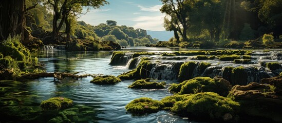 The waterfall flows with a panoramic view of the lake