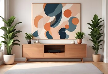 Modern living room - decoration painting with vases, lighting,  and plants. Tv furniture included.