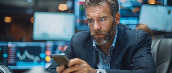 Professional Financial Advisor Monitoring Real Time Stock Market Updates on Smartphone in Office Setting