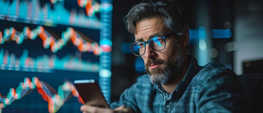 Financial Advisor Monitoring Real Time Stock Market Updates on Smartphone in Office Setting