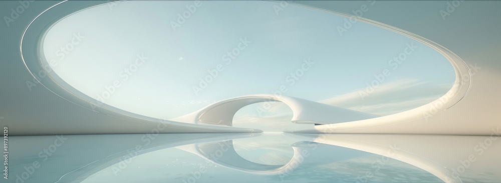 Aufkleber featuring a blue sky, white round architecture, and a water reflection on the floor, this 3d render 