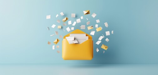 A minimalistic style 3D icon of a yellow folder with documents flying around, set against a blue background with an isometric perspective, perfect for a clean and modern appearance.