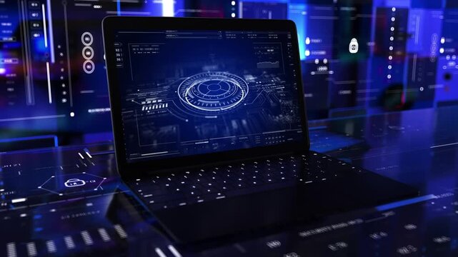 Laptop Info data HUD abstract desk 3D technological display server room Information internet Security 2D animation Sci Fi Heads up display User Interface